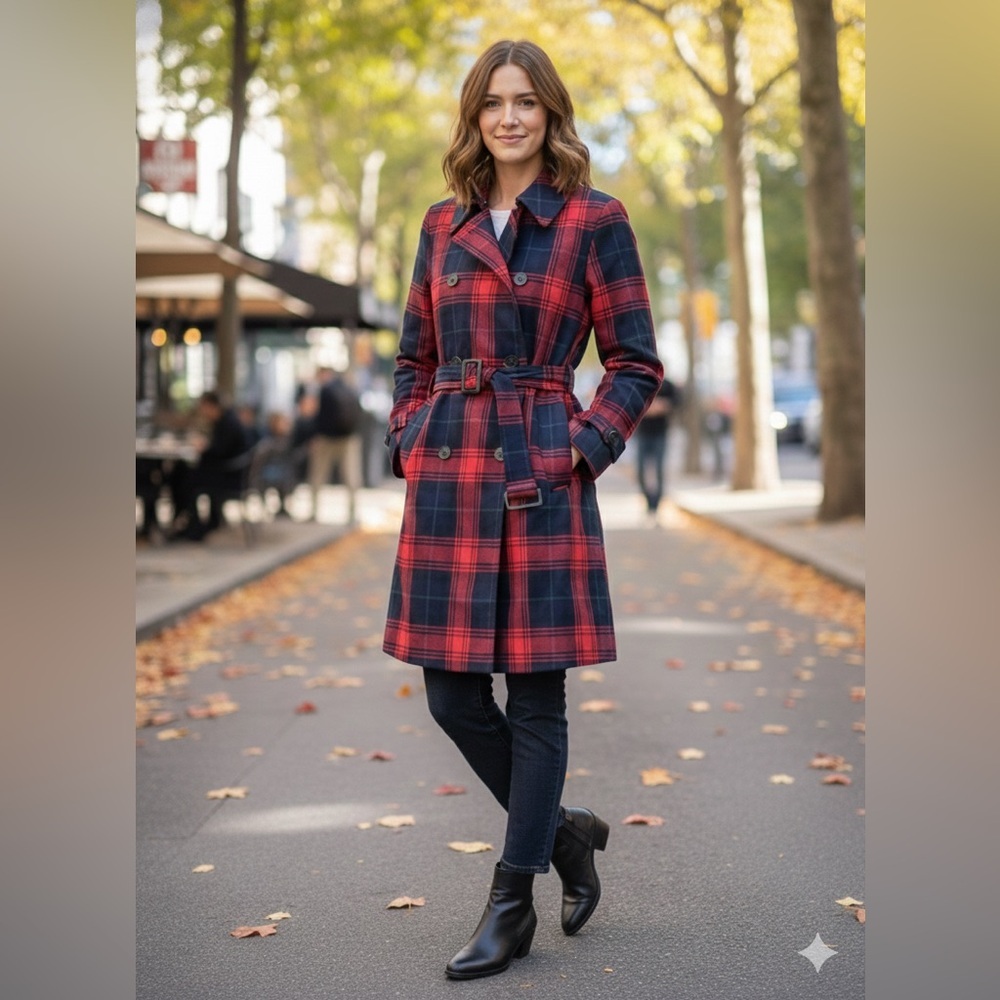 NWT American Living Red/Navy Plaid Double-Breasted 3/4 Length Coat - Size Small